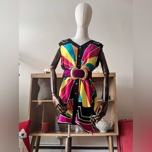 BOB MACKIE WEARABLE ART~ 100% SILK SLEEVELESS GEOMETRIC PRINT TUNIC VEST Size: L